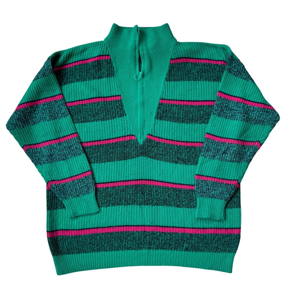 Vtg 80s Gitano Knits Sweater Women Large Green Striped Quarter Zip Mock Neck